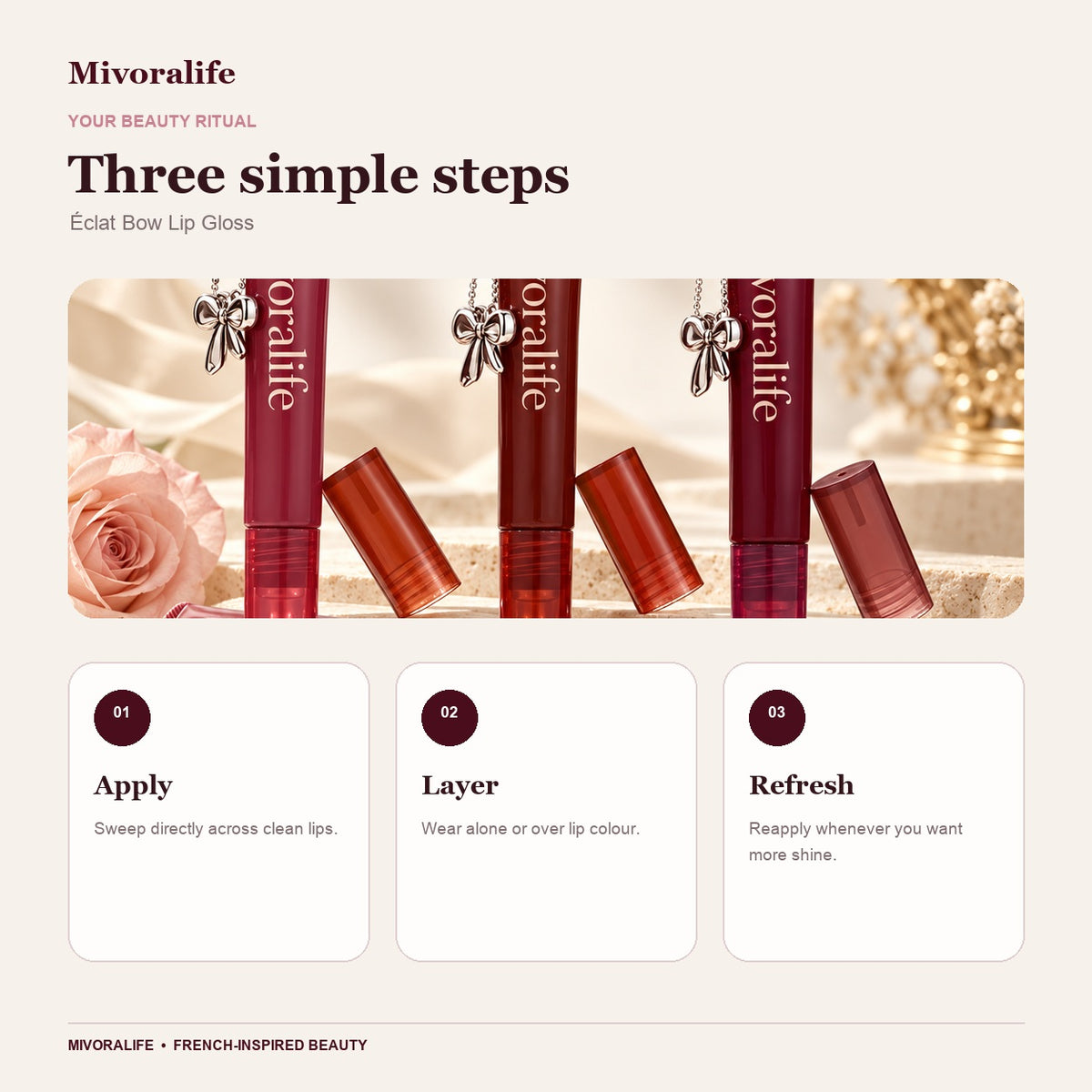 Mivoralife gallery — Mivoralife Éclat Bow Lip Gloss — how to