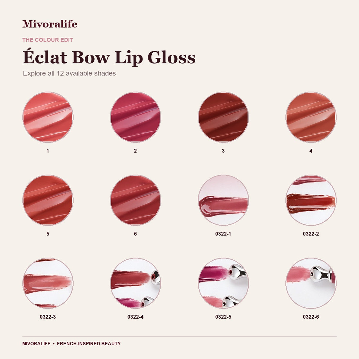 Mivoralife gallery — Mivoralife Éclat Bow Lip Gloss — shade guide