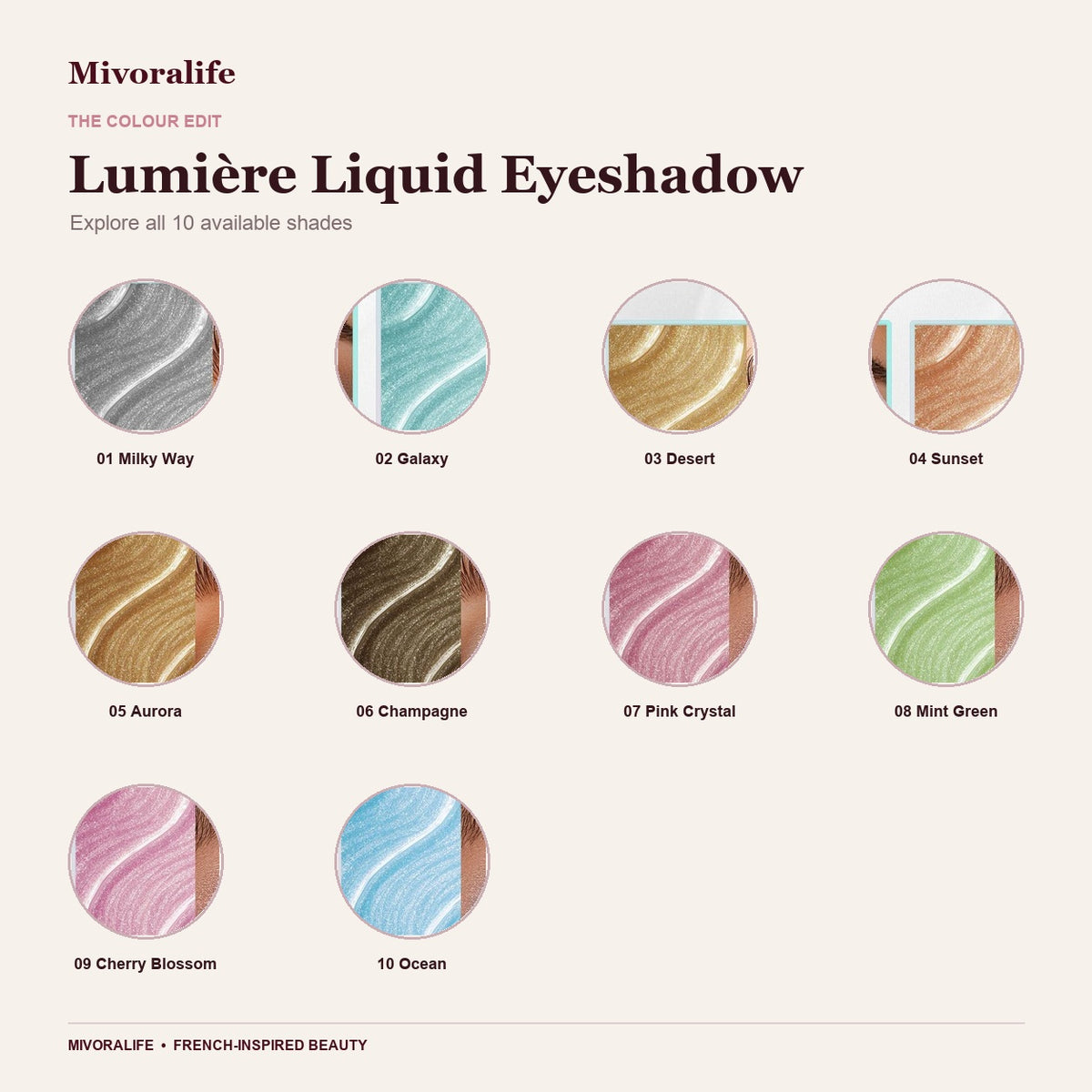 Mivoralife gallery — Mivoralife Lumière Liquid Eyeshadow — shade guide