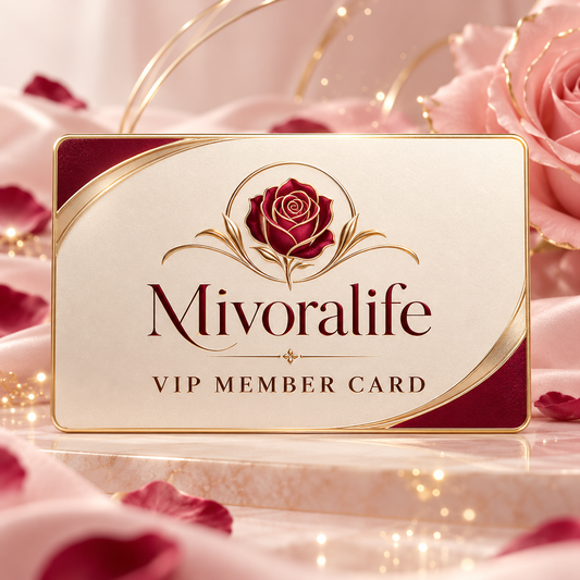 Mivoralife VIP Member Card in ivory, burgundy and champagne gold